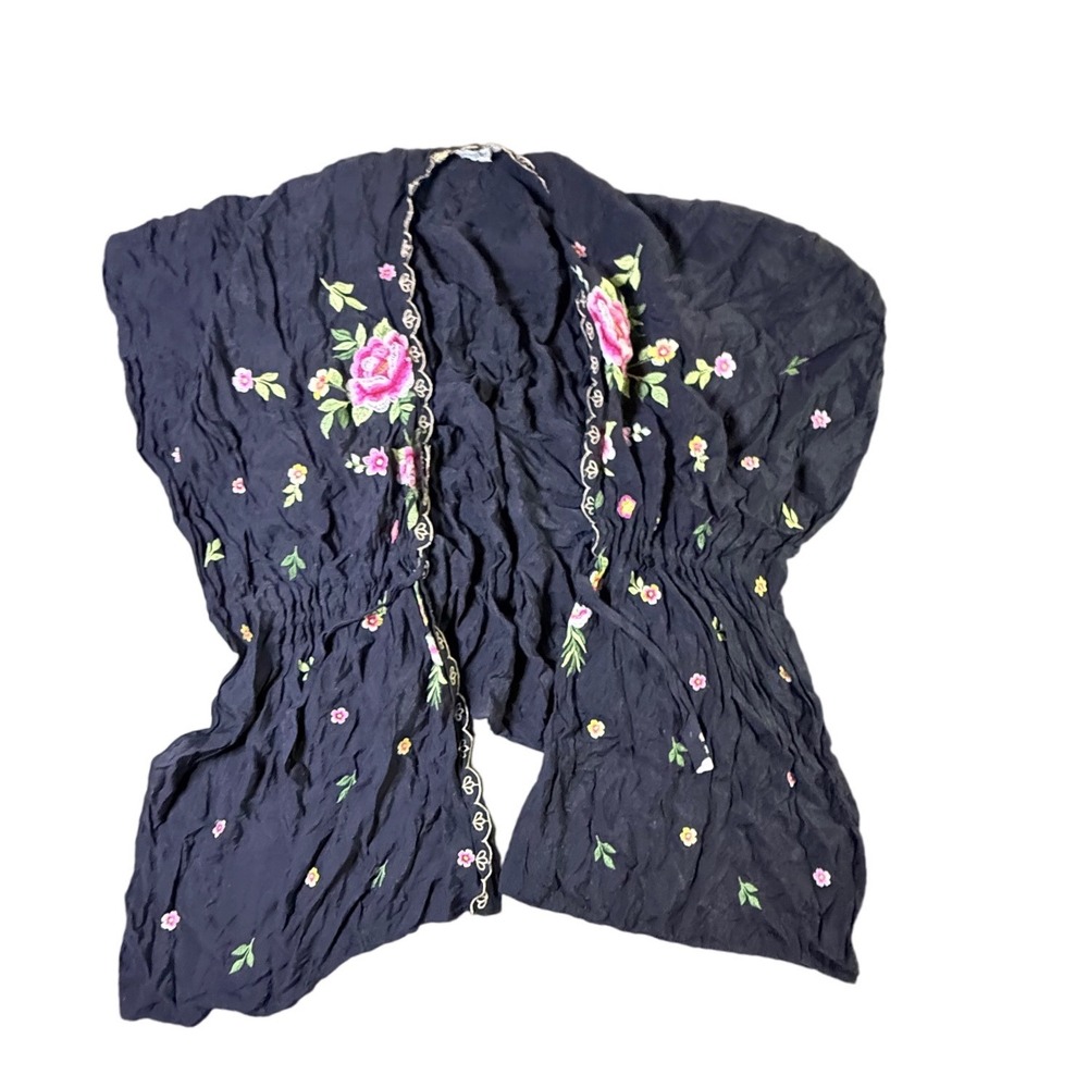 Umgee USA‎ Black Floral Embroidered Gauze Kimono Style Cardigan Top L